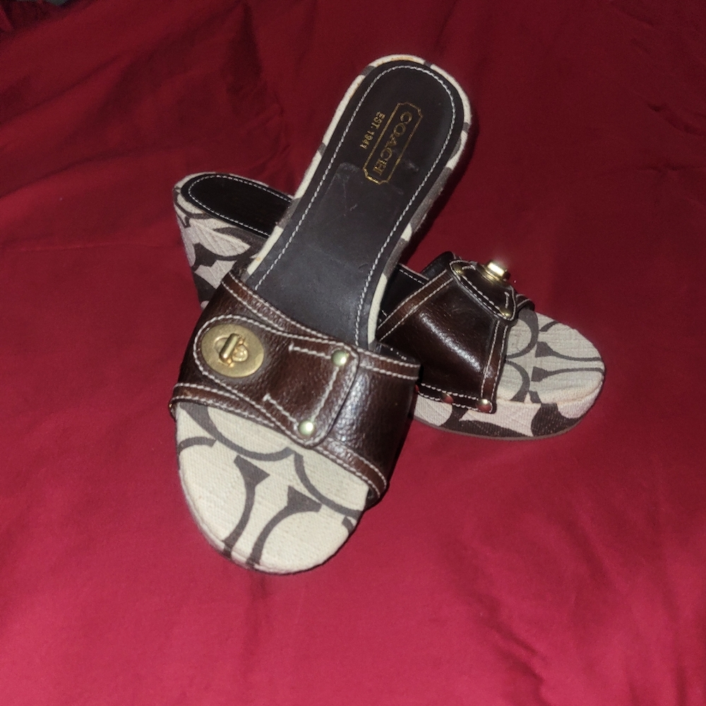 Coach Brown Leather Mules with Patterned Footbed "The Emilie"